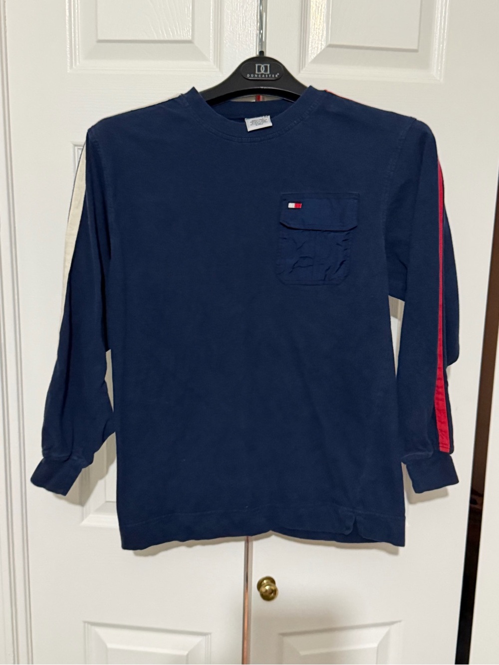 Tommy Hilfiger Navy Long-Sleeve Tee with Red and White Sleeve Stripes